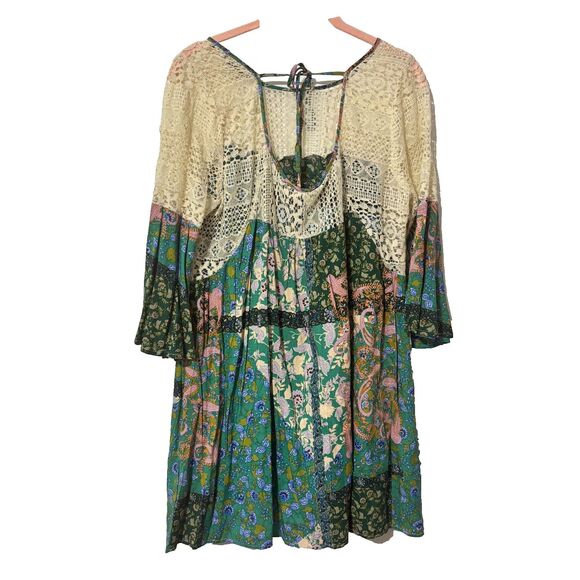 Umgee Womens Crochet Blouse Top Multicolor Large Patchwork Print Boho Tunic NWT - Picture 3 of 7